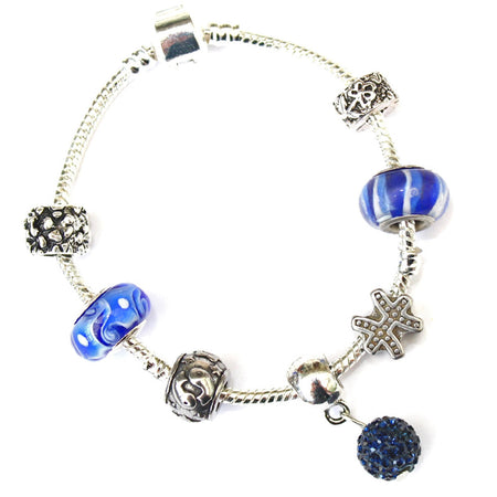 Adult's 'September Birthstone' Sapphire Colored Crystal Silver Plated Charm Bead Bracelet