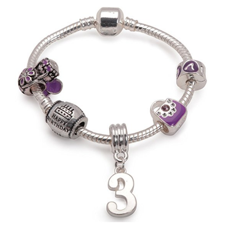 Children's Purple 'Happy 6th Birthday' Silver Plated Charm Bead Bracelet