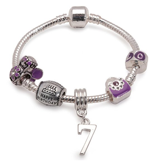 Children's Purple 'Happy 7th Birthday' Silver Plated Charm Bead Bracelet by Liberty Charms 17cm / Silver