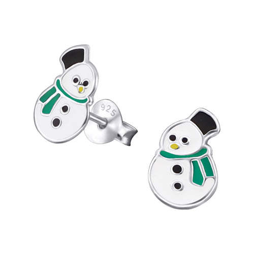 Children's Sterling Silver Christmas Snowman with Green Scarf Stud Earrings