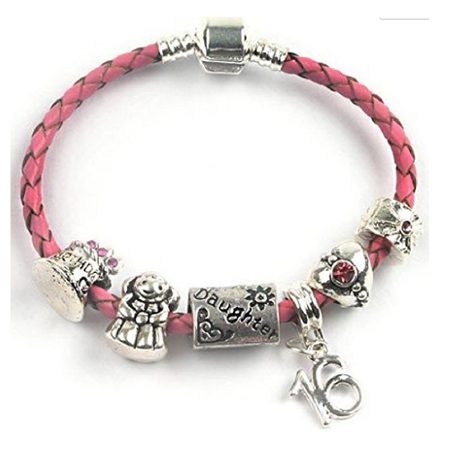 Pink 'Breast Cancer Awareness' Leather Charm Bead Bracelet With Silver Plated Clasp