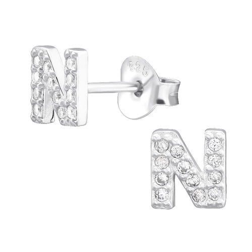 Children's Sterling Silver 'Letter N' Stud Earrings