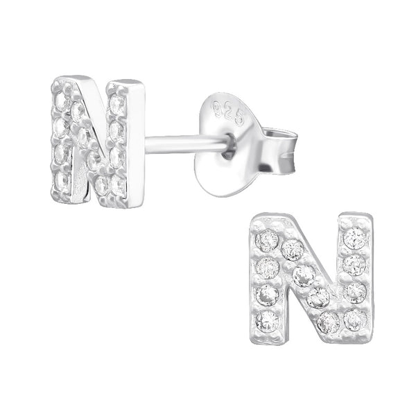Children's Sterling Silver 'Letter N' Stud Earrings