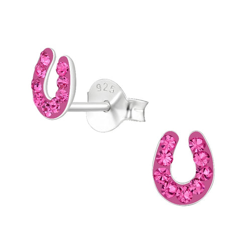 Children's Sterling Silver 'Pink Sparkle Horseshoe' Crystal Stud Earrings