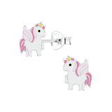 Children's Sterling Silver 'White and Pink Winged Unicorn' Stud Earrings