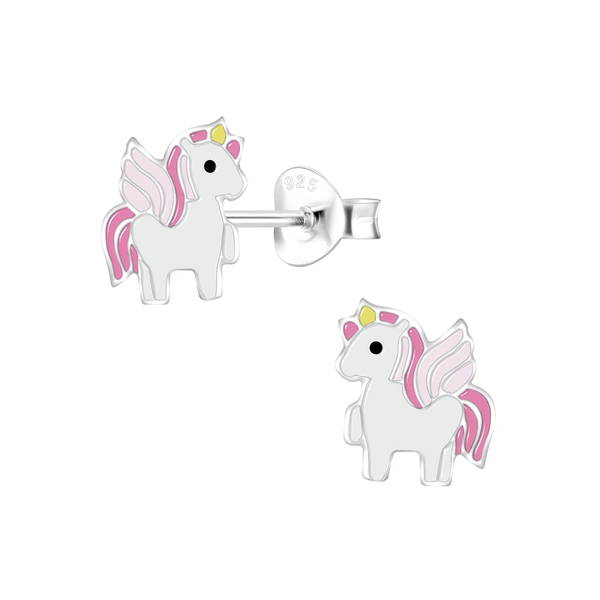 Children's Sterling Silver 'White and Pink Winged Unicorn' Stud Earrings