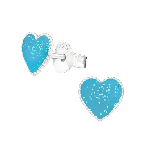 Children's Sterling Silver Blue Glitter Heart Stud Earrings