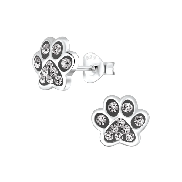 Children's Sterling Silver 'Black Diamond Sparkle Paw' Crystal Stud Earrings