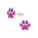 Children's Sterling Silver 'Fuchsia Pink Sparkle Paw' Crystal Stud Earrings