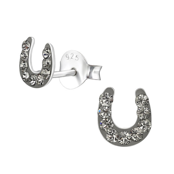 Children's Sterling Silver 'Black Diamond Sparkle Horseshoe' Crystal Stud Earrings
