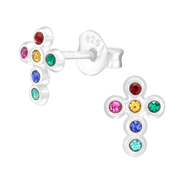 Children's Sterling Silver 'Colourful Crystal Cross' Stud Earrings