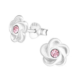 Children's Sterling Silver 'Swirl Flower with Rose Pink Crystal' Stud Earrings