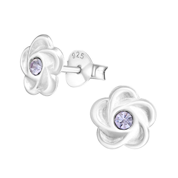 Children's Sterling Silver 'Swirl Flower with Purple Crystal' Stud Earrings