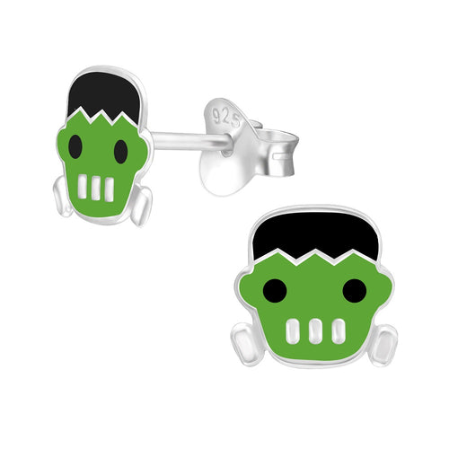 Children's Sterling Silver Halloween Green Monster Stud Earrings