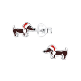 Children's Sterling Silver Christmas 'Dark Brown Sausage Dog / Dachshund' Stud Earrings