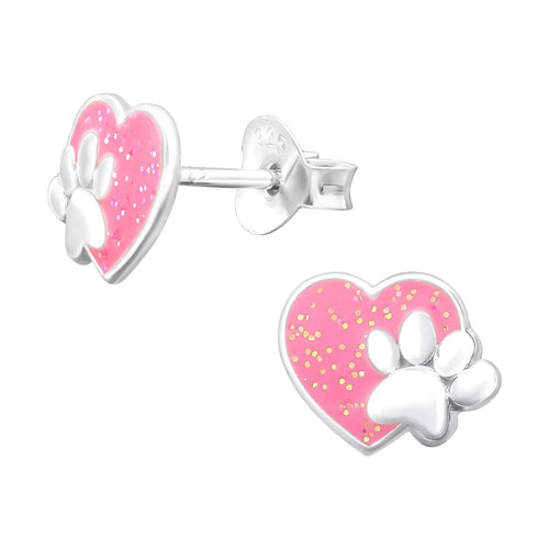 Children's Sterling Silver 'Pink Glitter Heart with Paw Print' Stud Earrings