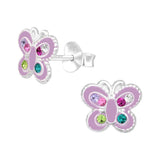 Children's Sterling Silver 'Light Purple Butterfly with Colourful Crystals' Stud Earrings