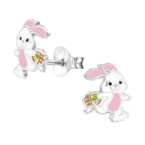 Children's Sterling Silver 'Easter Bunny Rabbit With Basket' Stud Earrings