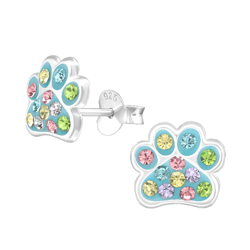 Children's Sterling Silver 'Blue and Multicolored Sparkle Paw' Crystal Stud Earrings