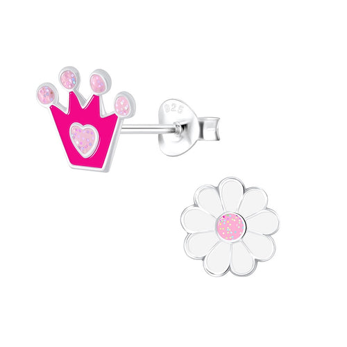 Children's Sterling Silver 'Crown and Flower' Stud Earrings