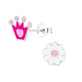 Children's Sterling Silver 'Crown and Flower' Stud Earrings