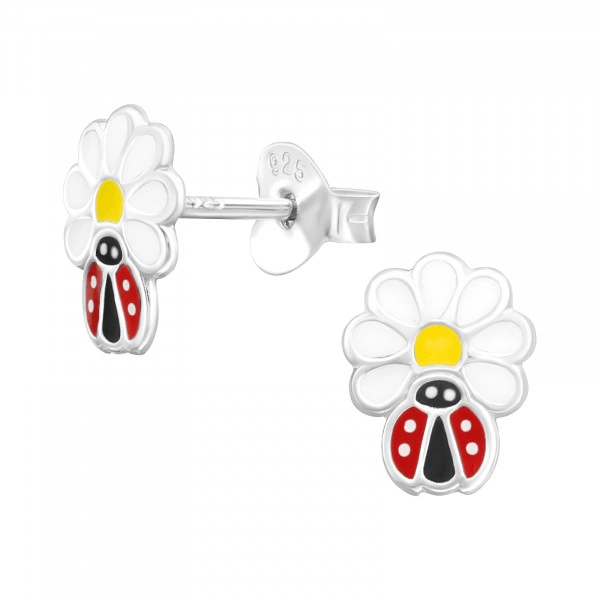 Children's Sterling Silver 'Daisy with Ladybird' Stud Earrings