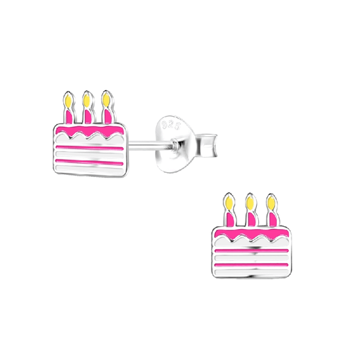 Children's Sterling Silver 'Pink Birthday Cake' Stud Earrings