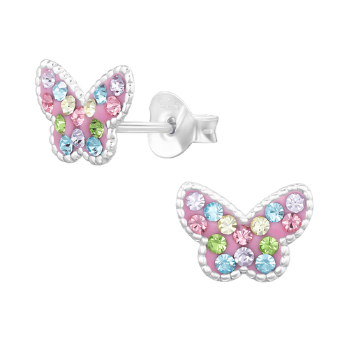 Children's Sterling Silver 'Pink Butterfly with Multi-colored Crystals' Stud Earrings