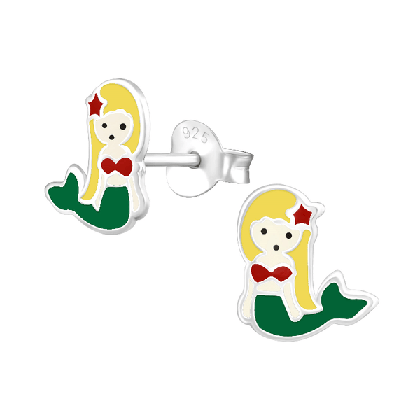 Children's Sterling Silver 'Golden Haired Mermaid' Stud Earrings