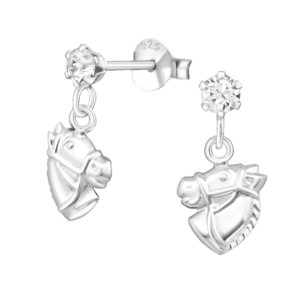 Children's Sterling Silver 'Horse Head with Crystal' Drop Stud Earrings