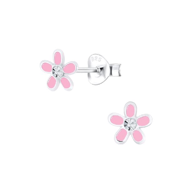 Children's Sterling Silver 'Pink Flower with Crystal' Stud Earrings