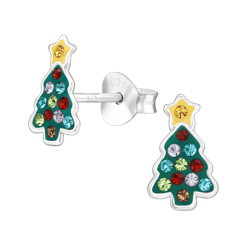 Children's Sterling Silver colorful Crystal Christmas Tree Stud Earrings