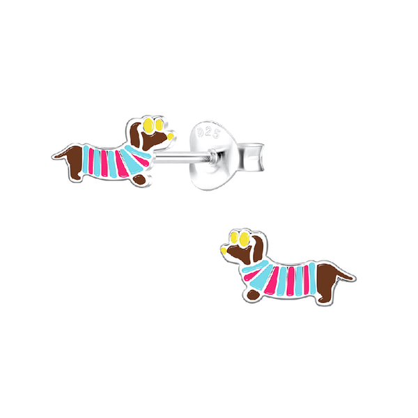 Children's Sterling Silver Sausage Dog / Dachshund in T-Shirt and Sunglasses Stud Earrings