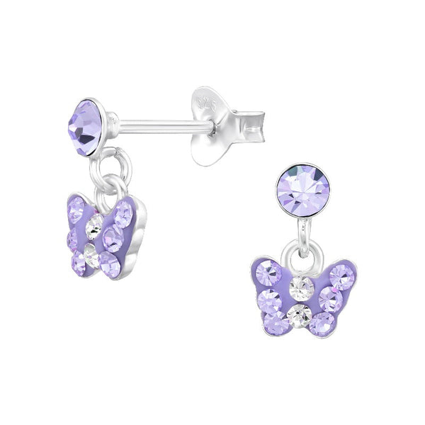 Children's Sterling Silver 'Purple Sparkle Drop Butterfly' Crystal Stud Earrings