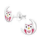 Children's Sterling Silver 'Owl in Moon' Stud Earrings Pink