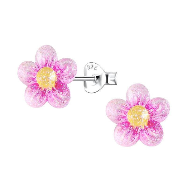 Sterling Silver 'Pink Glitter Flower' Stud Earrings for Teenagers