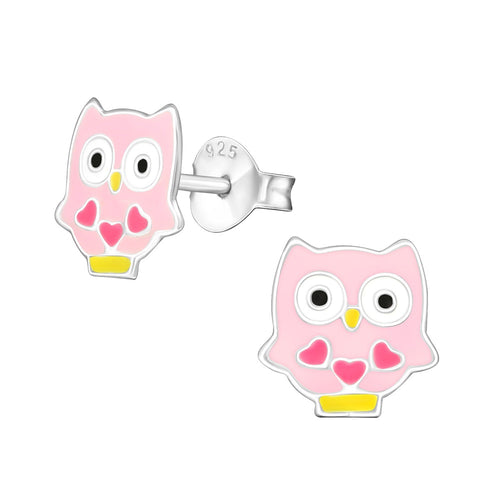 Children's Sterling Silver Pink Owl Stud Earrings