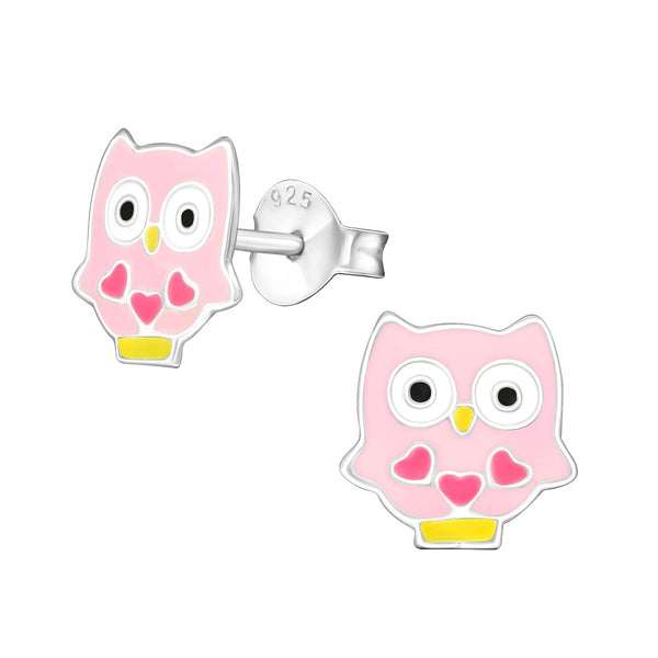 Children's Sterling Silver Pink Owl Stud Earrings