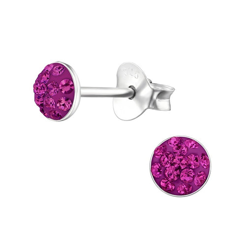 Children's Sterling Silver Round Stud Earrings with Fuchsia Diamante Crystals