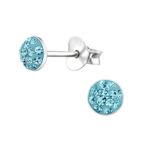Children's Sterling Silver Round Stud Earrings with Aqua Blue Diamante Crystals