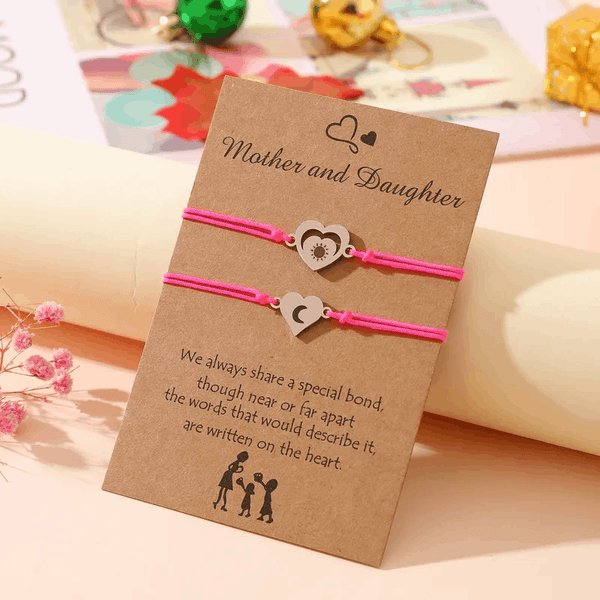 Adjustable Mother and Daughter Sun and Moon Heart Wish Bracelets with Presentation Card - Neon Pink