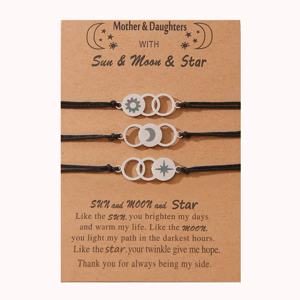 Adjustable Mother and Daughters Sun, Moon and Stars Wish Bracelets with Presentation Card - Black