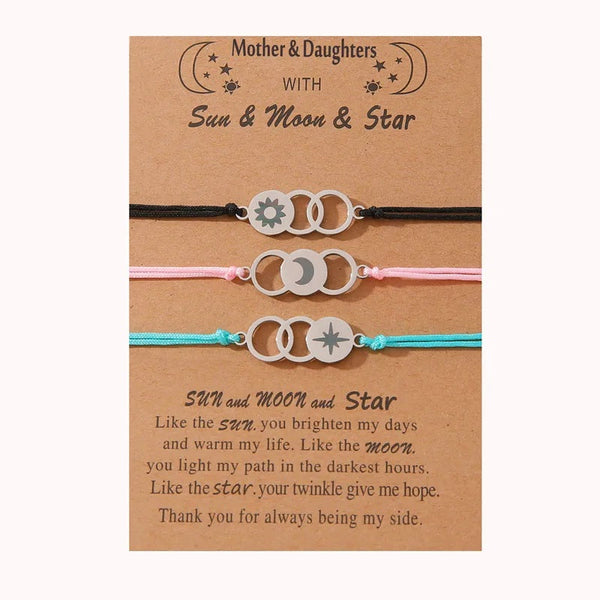 Adjustable Mother and Daughters Sun, Moon and Stars Wish Bracelets with Presentation Card - Multi