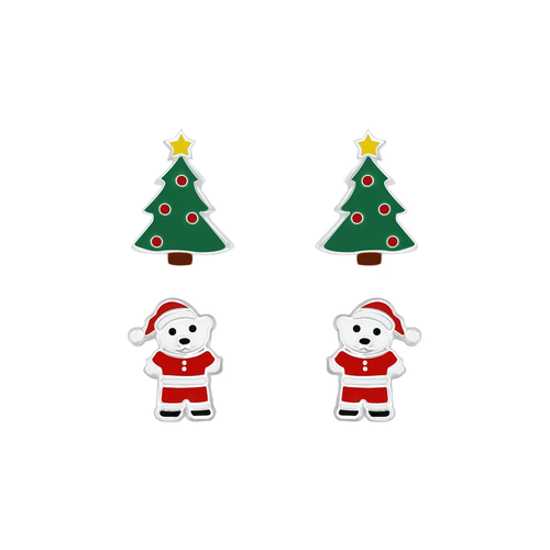 Children's Sterling Silver Set of 2 Pairs of Christmas Tree and Santa Bear Stud Earrings