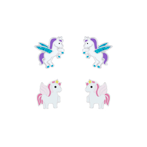 Children's Sterling Silver Set of 2 Pairs of Purple and Pink Flying Unicorn Stud Earrings
