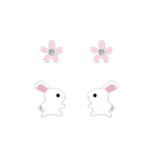 Children's Sterling Silver Set of 2 Pairs of Bunny Rabbit and Flower Stud Earrings
