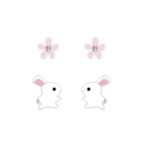 Children's Sterling Silver Set of 2 Pairs of Bunny Rabbit and Flower Stud Earrings