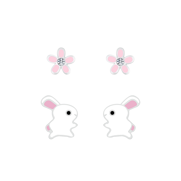 Children's Sterling Silver Set of 2 Pairs of Bunny Rabbit and Flower Stud Earrings
