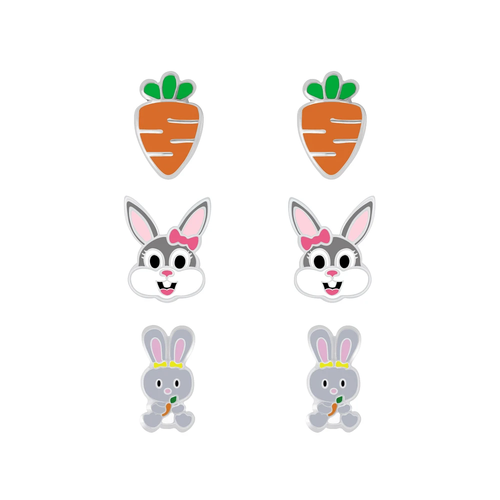 Children's Sterling Silver Set of 3 Pairs of Easter Bunny Themed Stud Earrings