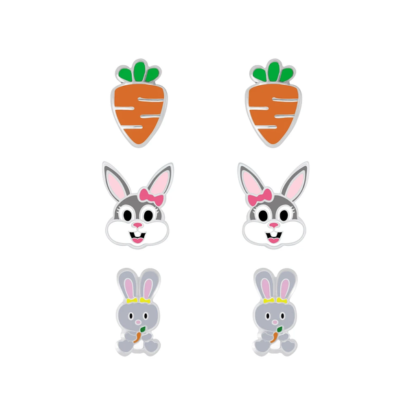 Children's Sterling Silver Set of 3 Pairs of Easter Bunny Themed Stud Earrings
